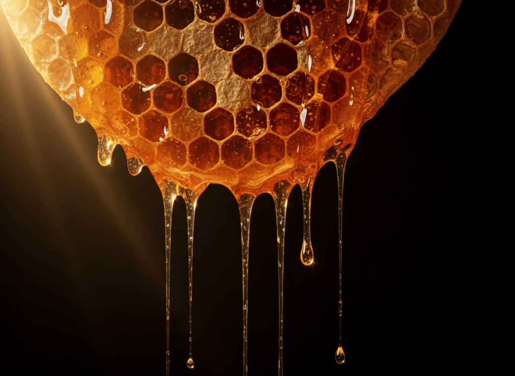 A modern, photorealistic close-up of a golden honeycomb beehive with rich amber honey slowly dripping down the hexagonal cells. Deep golden and amber tones, dramatic cinematic lighting, dark moody background to make the gold pop. High-end editorial feel, wide landscape format.