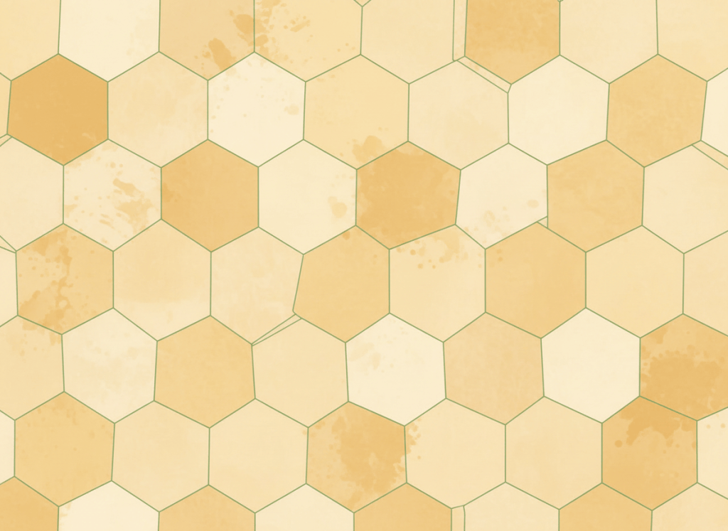 Seamless honeycomb pattern. Large hexagonal cells filled with warm cream, soft gold, and light tan colors. Extremely thin, delicate, almost hairline-width forest green outlines on every hexagon — barely visible, very subtle. The cells themselves are the focus, not the outlines. Clean flat design style, light warm background. No bees, no insects, no honey drips, no text. Wide landscape format.